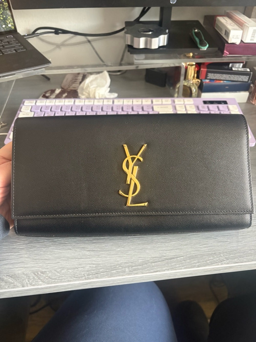 Saint Laurent Kate Clutch - Black Leather Clutch with Gold YSL Monogram